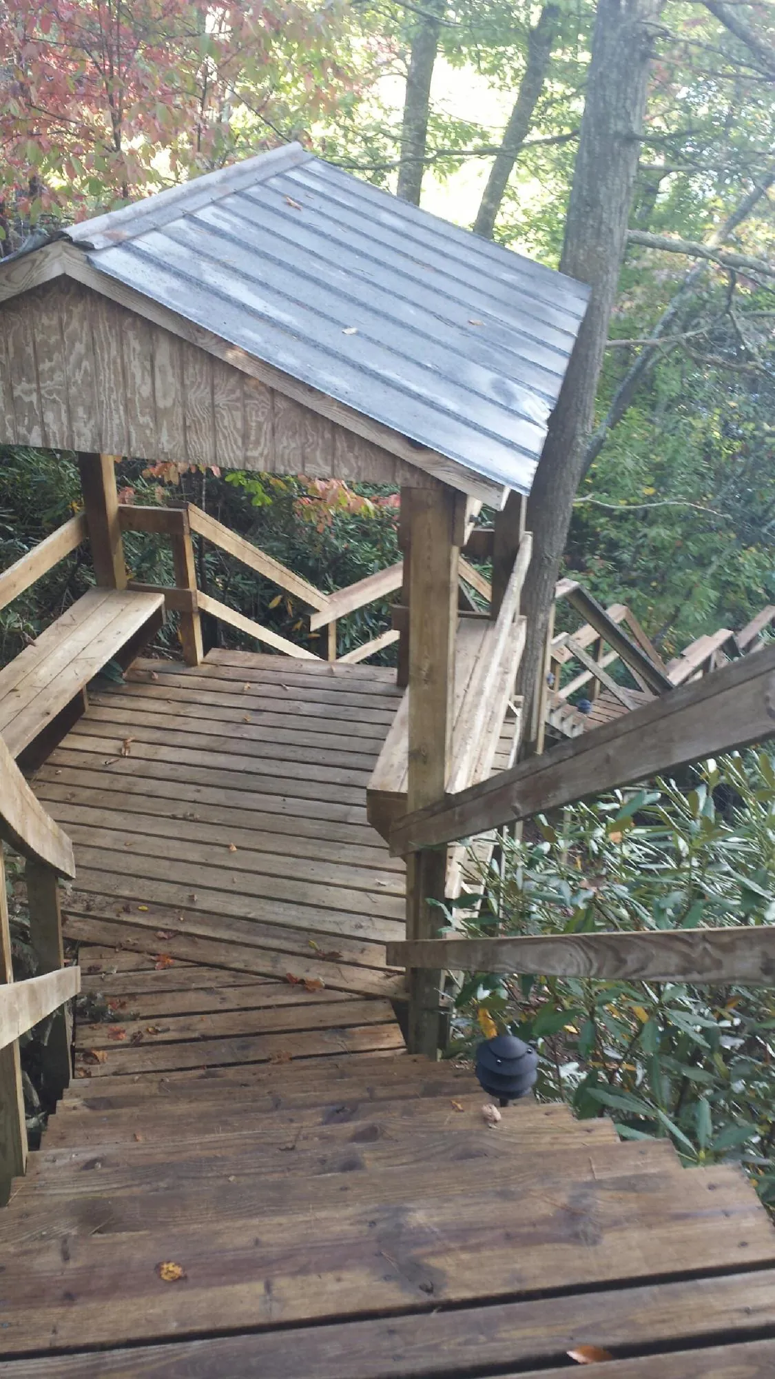 Metal roofed shelter over wooden steps on a wooded walkway — Skylight Repair & Installation work by our crew in Waterman
